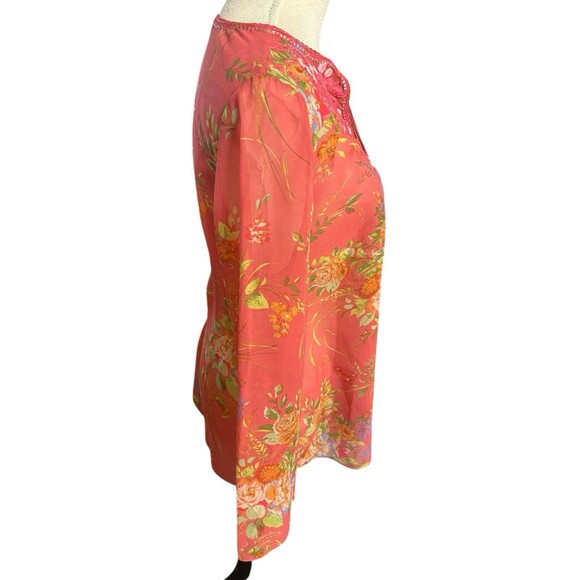 CAbi Womens Silk Floral Embroidered Embellished Coral Tie Neck Sheer Top… - Picture 5 of 9